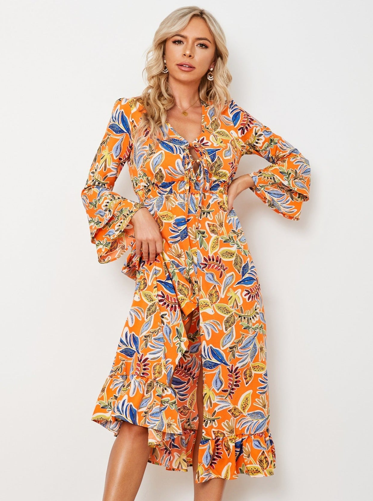 Orange V-Neck Floral Long Sleeve Midi Dress