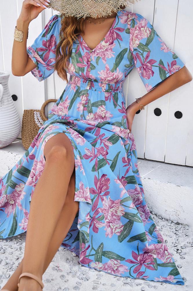 Chic Summer Floral V-Neck Side Slit Midi Dress