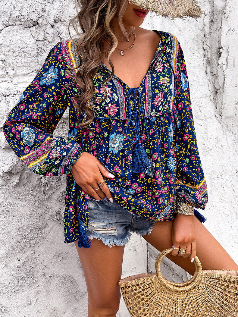 Deep Blue Retro Floral Printed Tassel Shirt