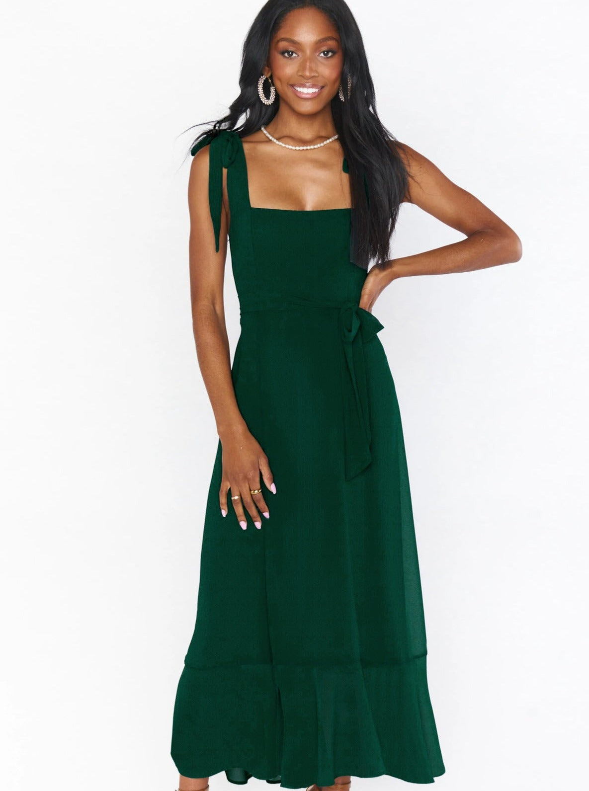 Dark Green High-End Square Neck Sleeveless Slit Dress