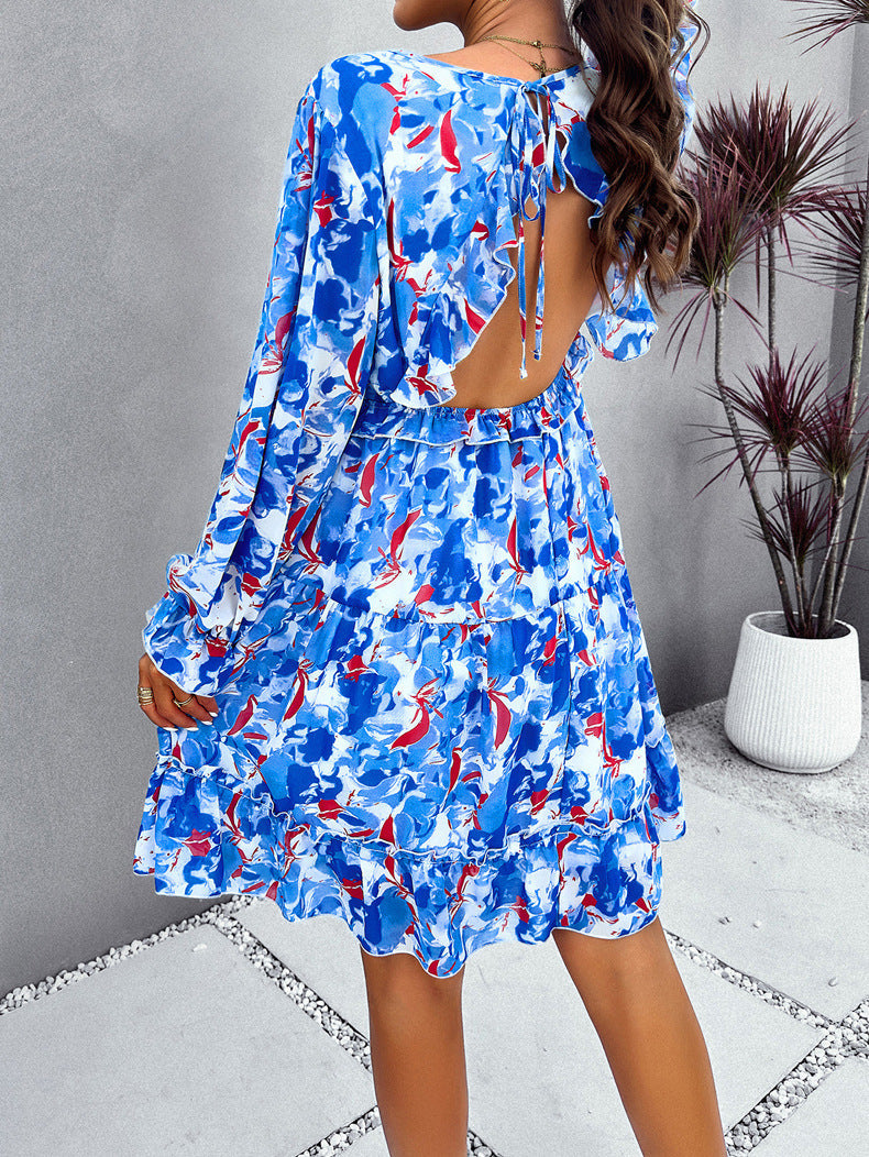 Blue Temperament Floral Printed V-Neck Long-Sleeved Dress