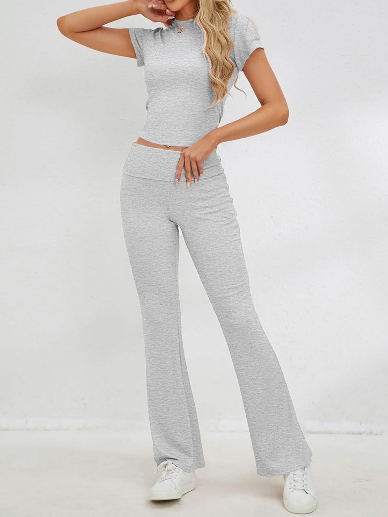 Casual Slim Short Sleeve Grey Crop Top and Pants Set