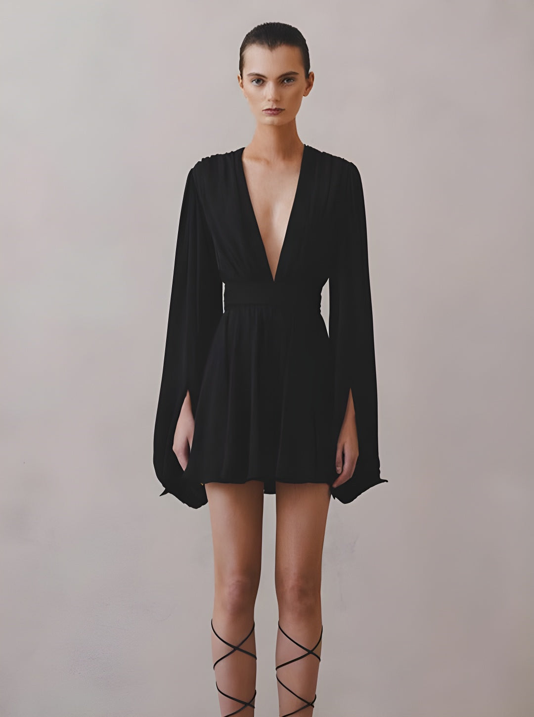 Plunge Pleated Batwing Sexy Mini Dress