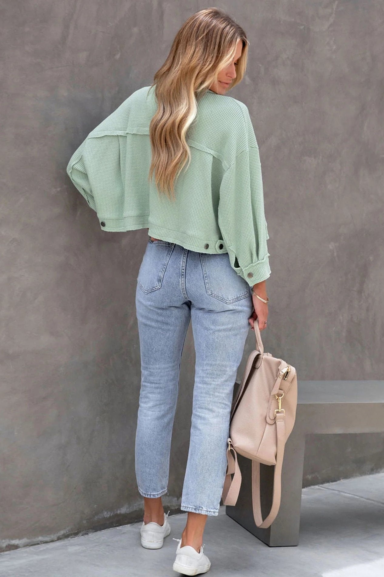 Mint Green Long Sleeve Solid Color Collared Jacket