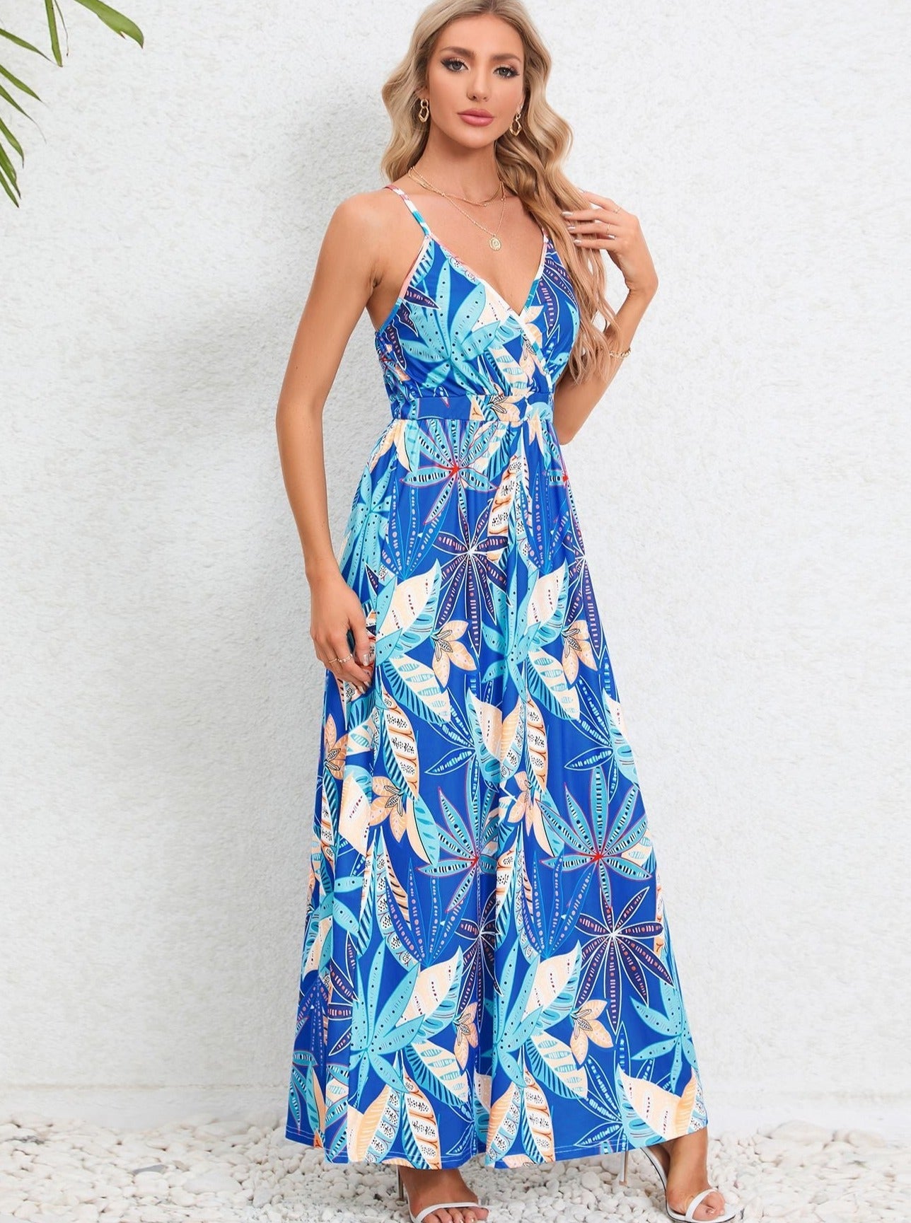 Blue Tropical Printed Long Dress