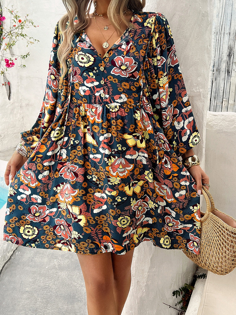 Blue Leisure Printed Long-Sleeved Dress