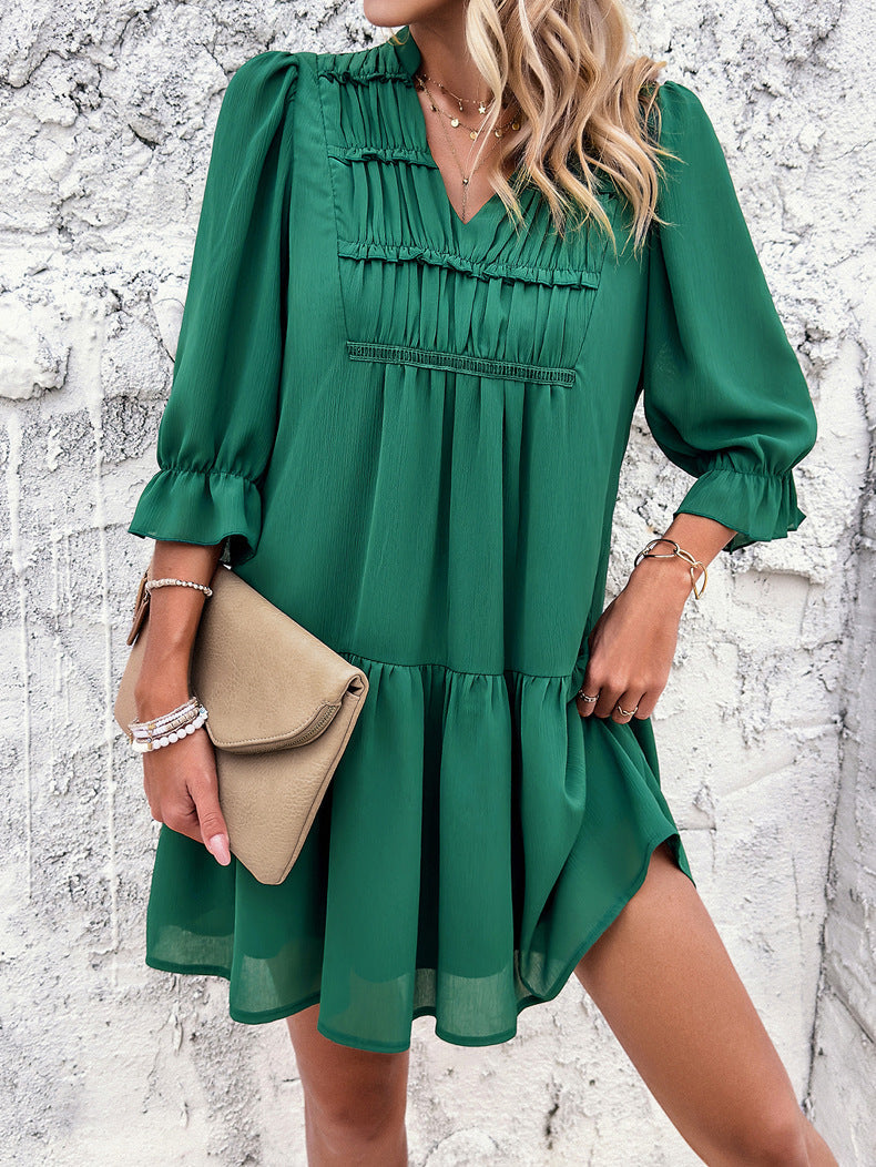 V-Neck Solid Green Color Half Sleeve Dress