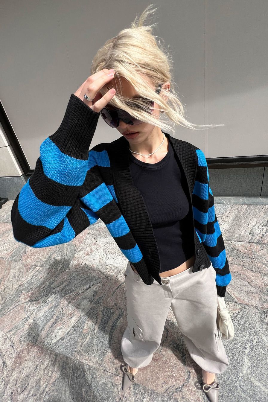 Blue Deep V-Neck Striped Knitted Sweater