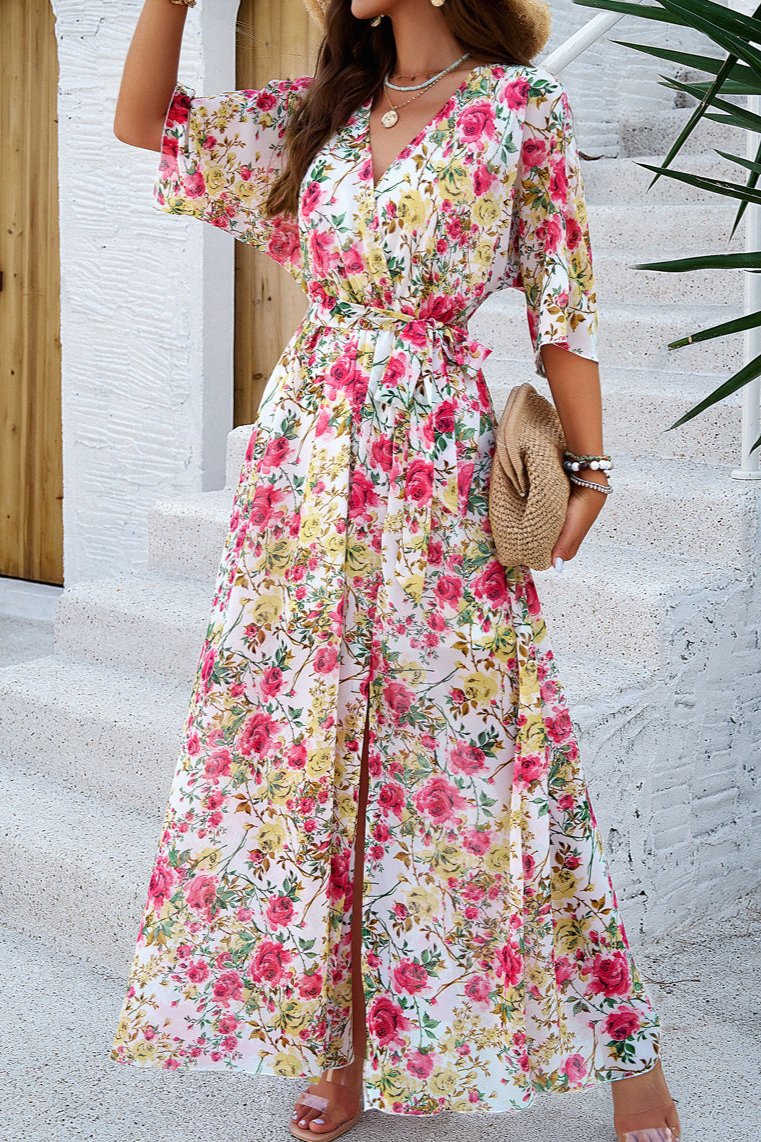 Pink Floral V-Neck Wrap Around Belted Midi Dress