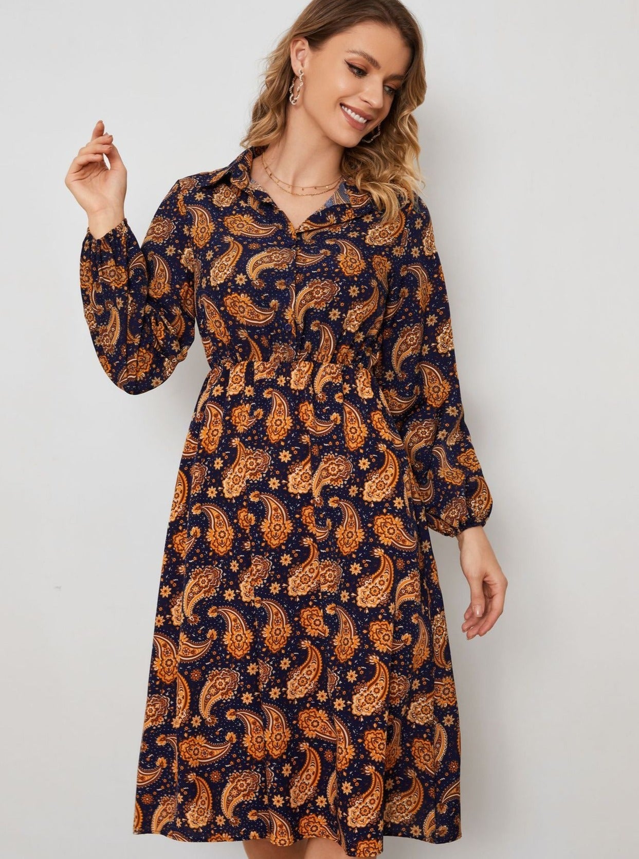 Brown Floral Collar Long Sleeve Temperament Midi Dress