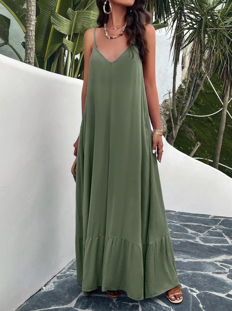 Green Casual Solid Color Suspender Maxi Dress