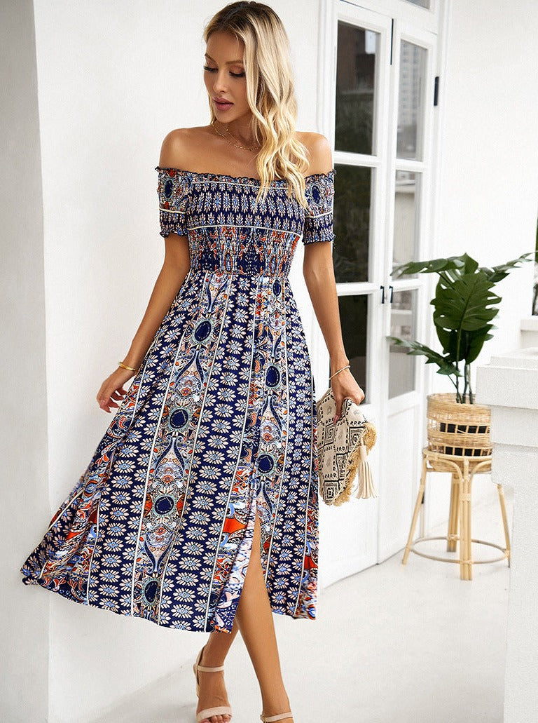 Summer Off Shoulder Bohemian Slit Midi Dress