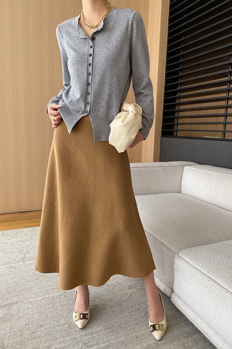 Elegant Elastic Waist A-Line Midi Skirt