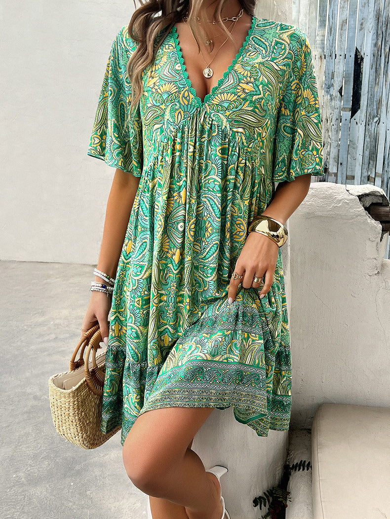 Green Casual Printed V-Neck Dress