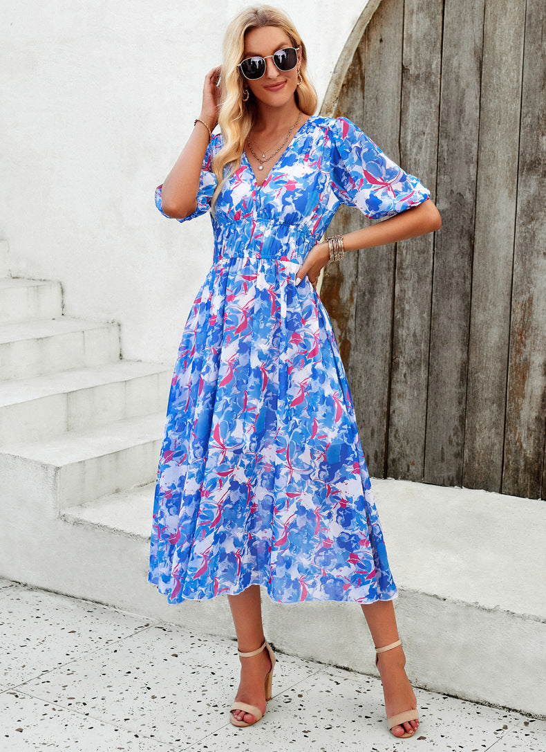 Casual Blue V-Neck Printed High Waist Long Dress