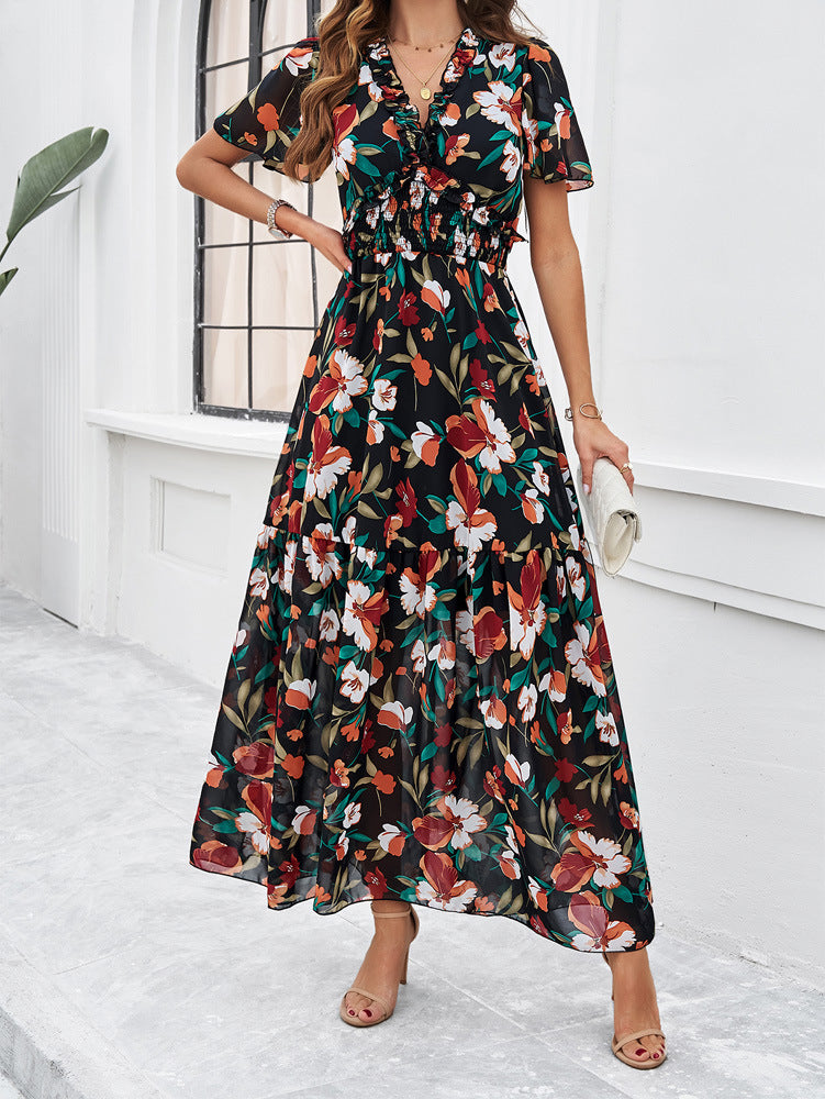 Black Green V-Neck Floral Printed Sundress