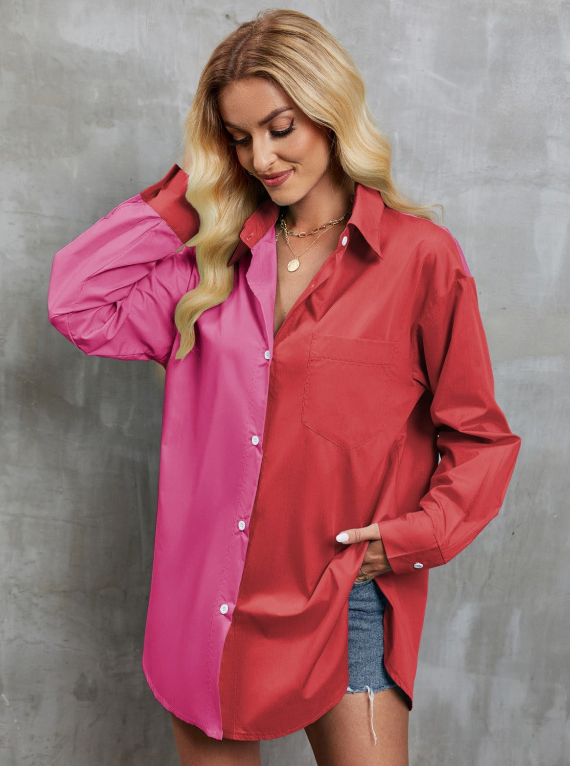 Two Tone Casual Long Sleeve Temperament Shirt