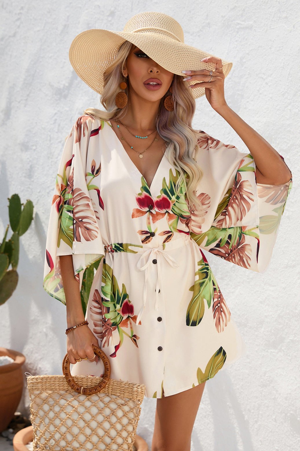 Tropical Apricot Printed Half Sleeve Mini Dress