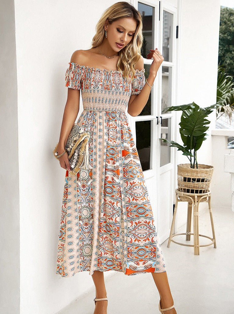 Summer Off Shoulder Bohemian Slit Midi Dress