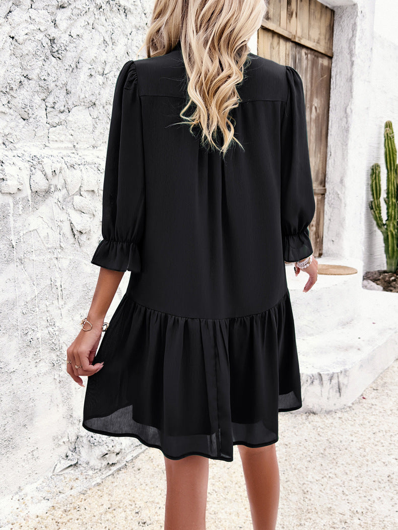 V-Neck Solid Black Color Half Sleeve Dress