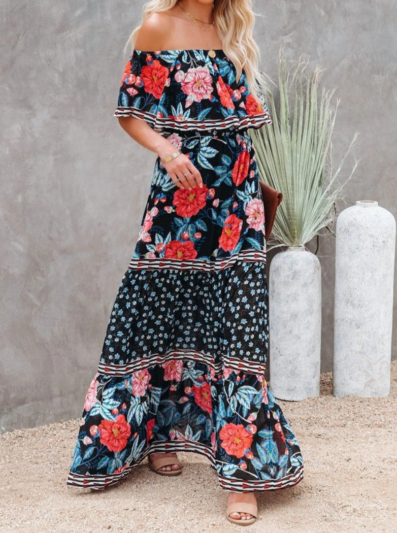 Green Floral Retro Printed Off Shoulder Maxi Dress