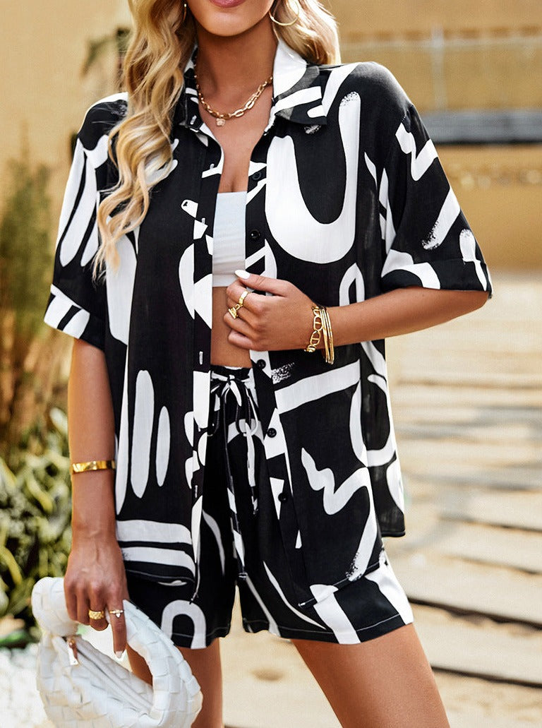 Two Piece Oval Geometric Printed Black and White Shorts Set