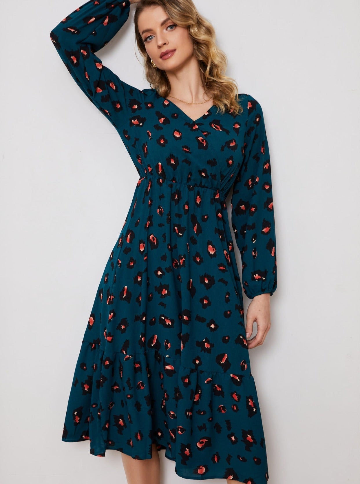 V-Neck Allover Printed Flared Dress