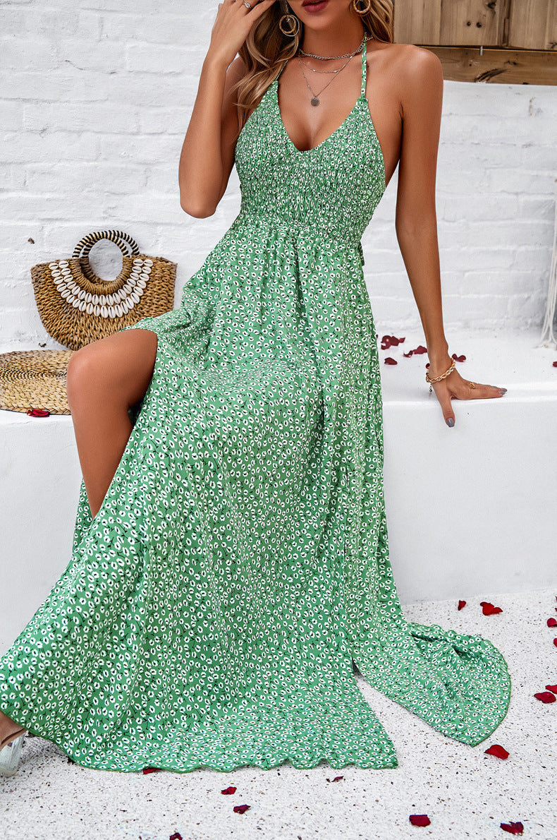 Sommerliches Maxikleid Blumenkleid Spaghetti-Träger Schlitz - Boho Strandmode