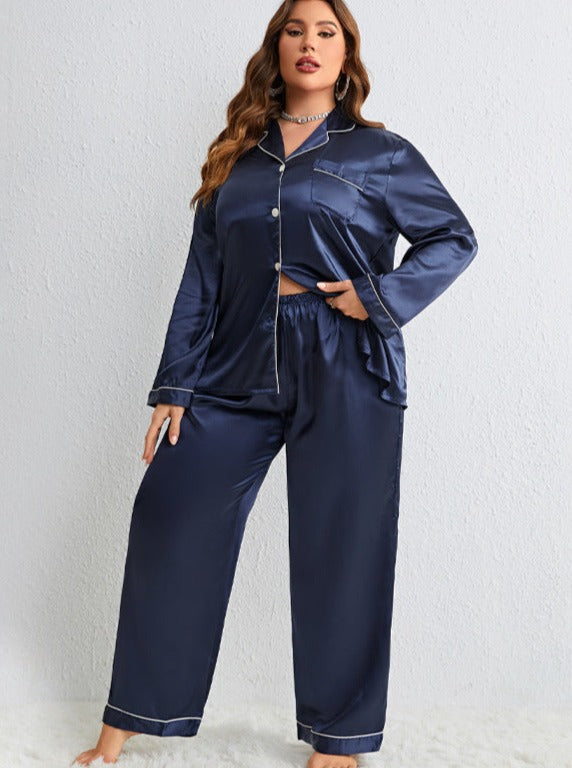 Ladies Button Down Plus Size Two Piece Loungewear Set