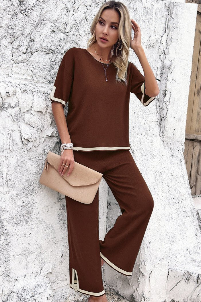 Brown Chic Casual Short Sleeve Knitted Top and Pants Set