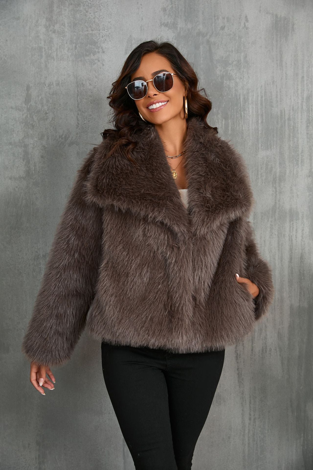 Cozy Taupe Faux Fur Jacket