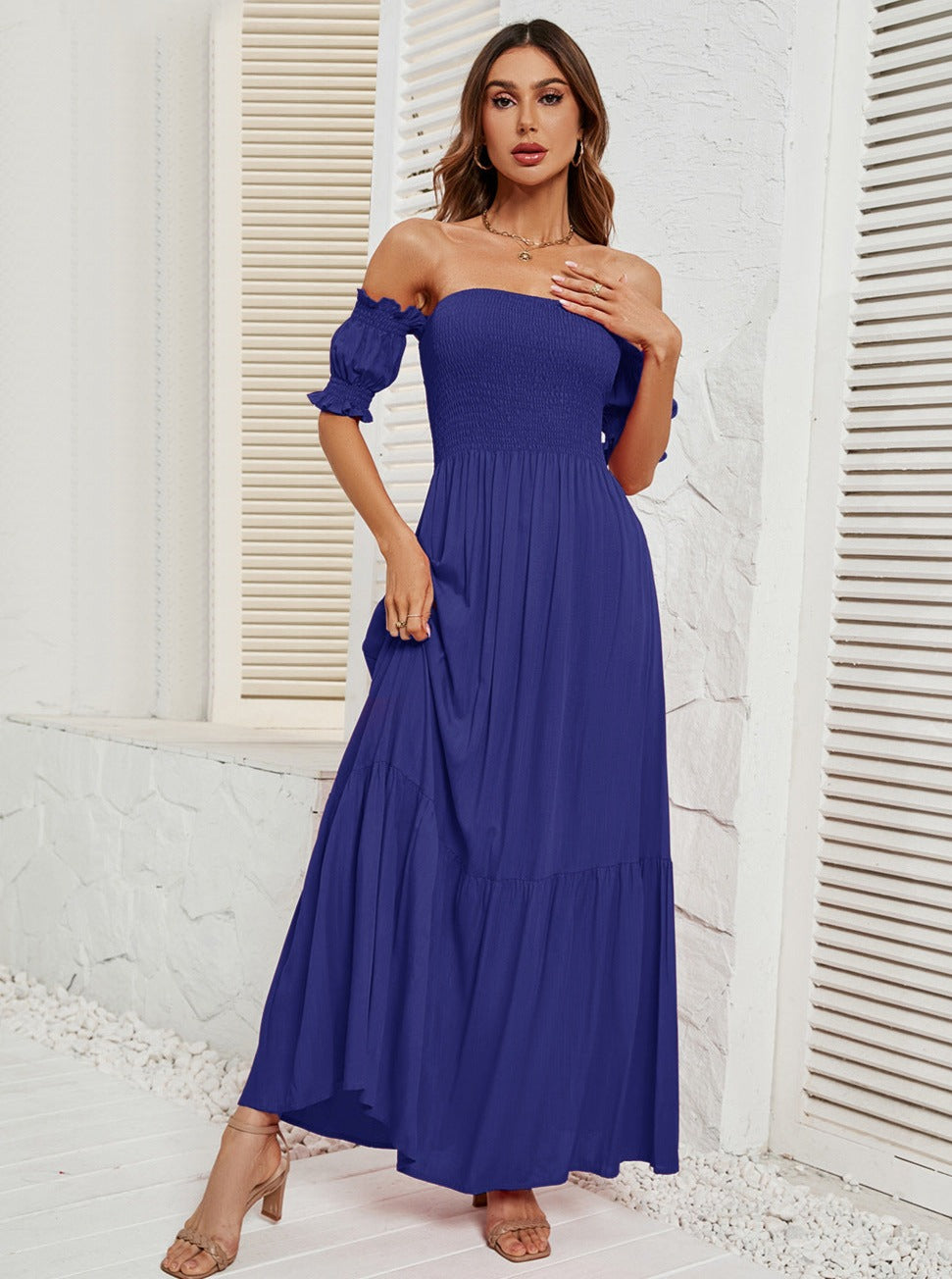 Off Shoulder Bell Sleeve Solid Color Maxi Dress