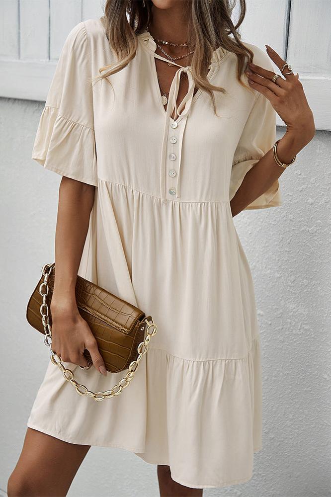 Apricot Sexy Frill V-Neck Drawstring Tie Smock Dress