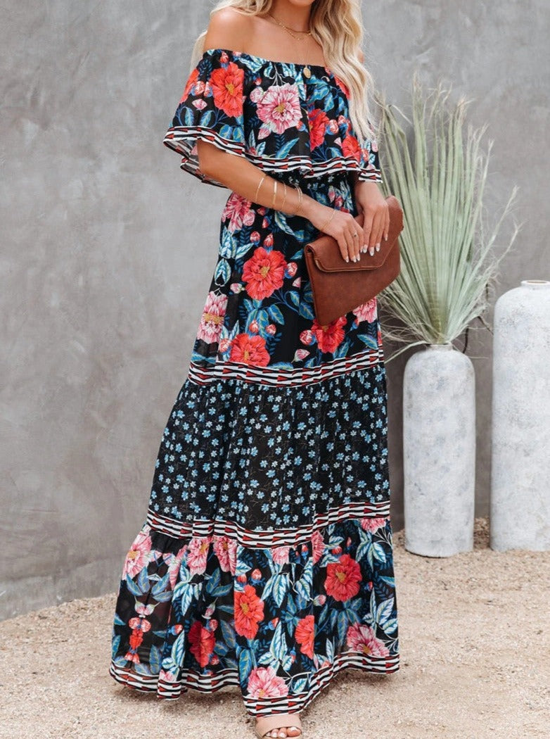 Green Floral Retro Printed Off Shoulder Maxi Dress