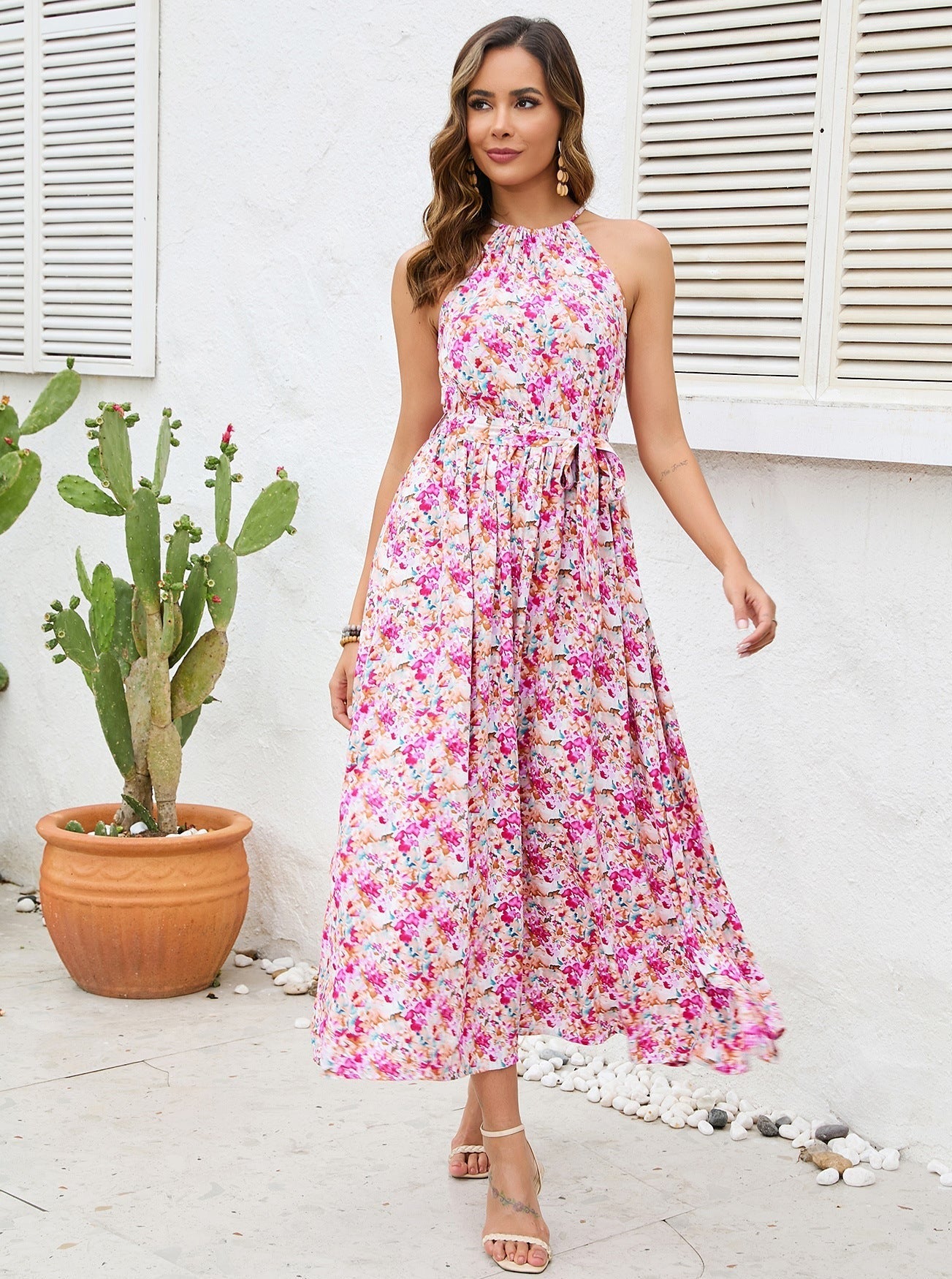 Off Shoulder Halter Neck Floral Midi Dress