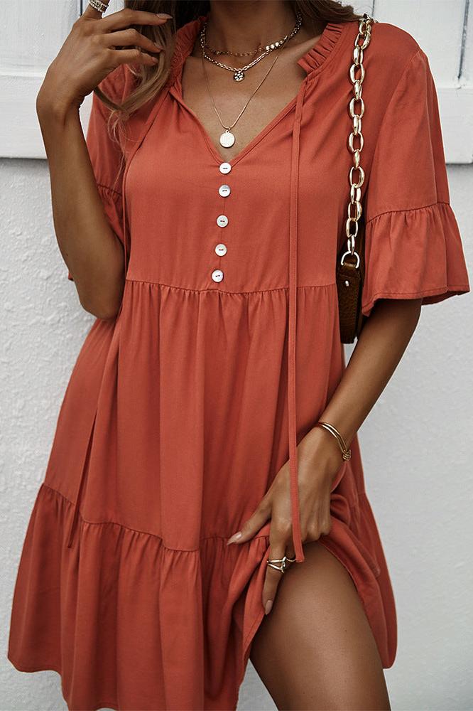 Orange Sexy Frill V-Neck Drawstring Tie Smock Dress