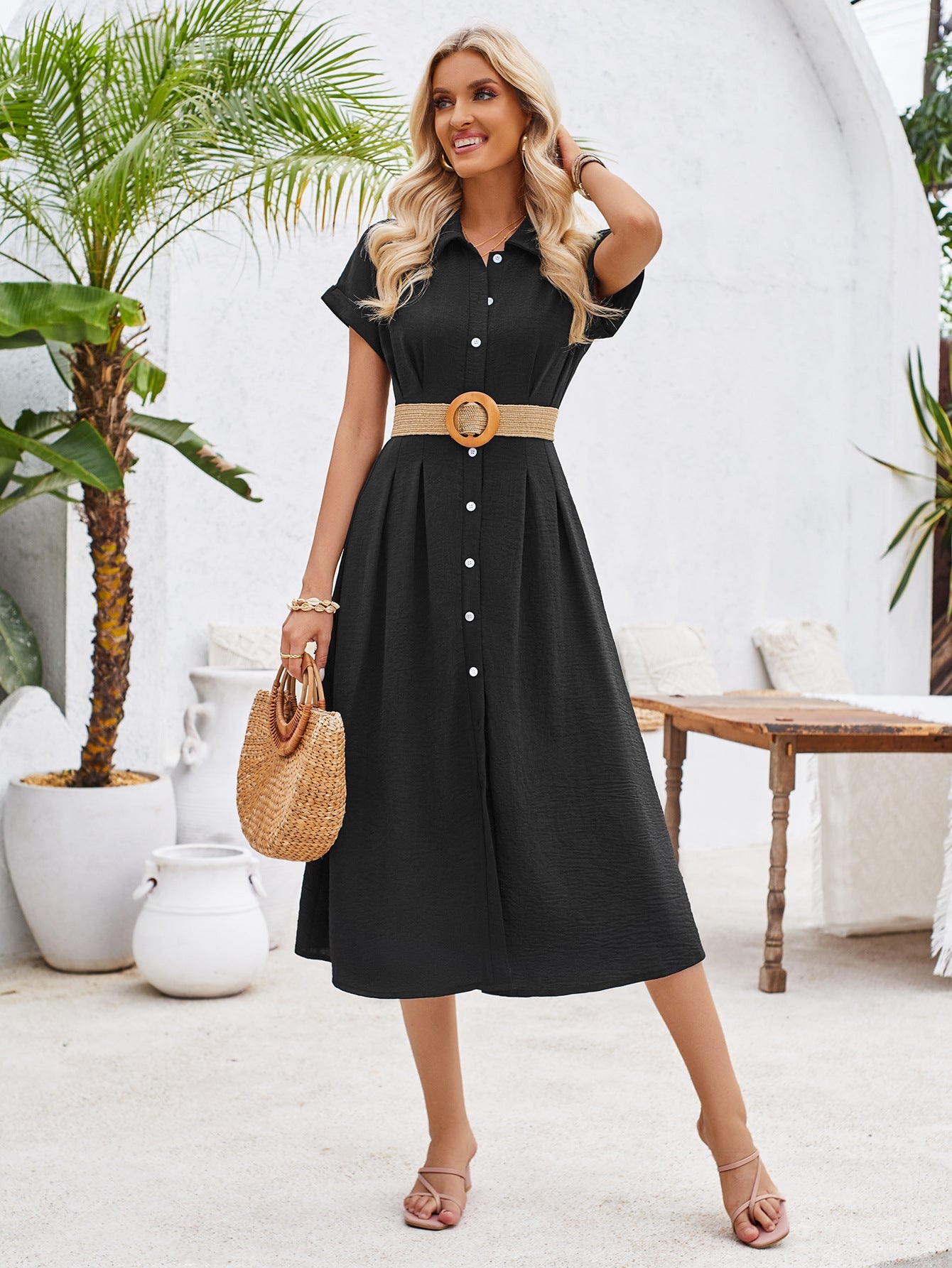 Plain Buttoned Tucked Shirt Short Sleeves Maxi Dress