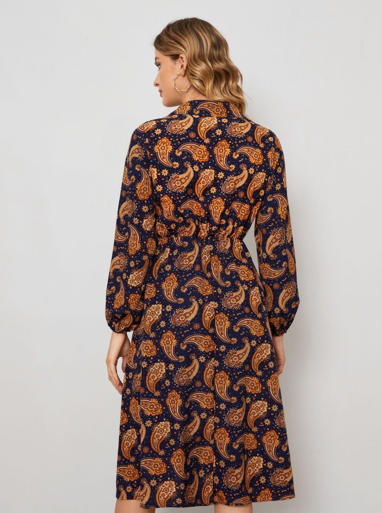 Brown Floral Collar Long Sleeve Temperament Midi Dress