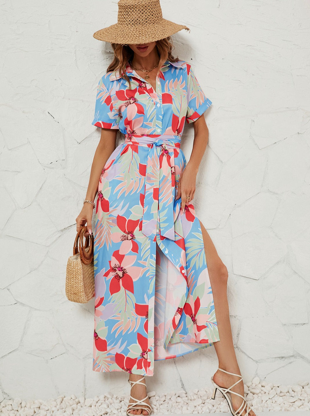 Casual V-Neck Short Sleeve Midi Dress