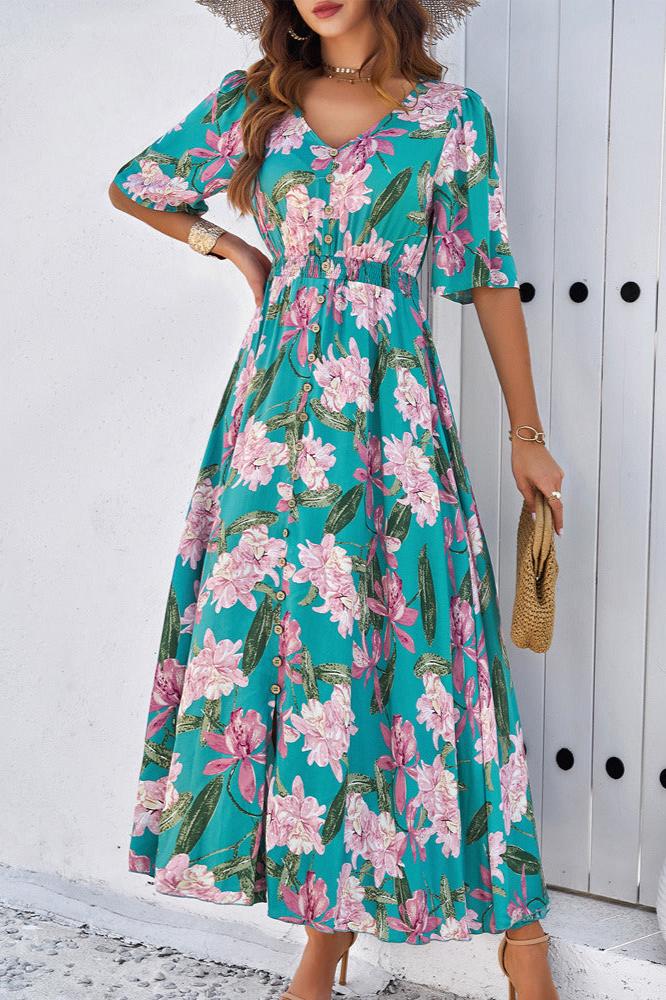 Green Chic Summer Floral V-Neck Side Slit Midi Dress