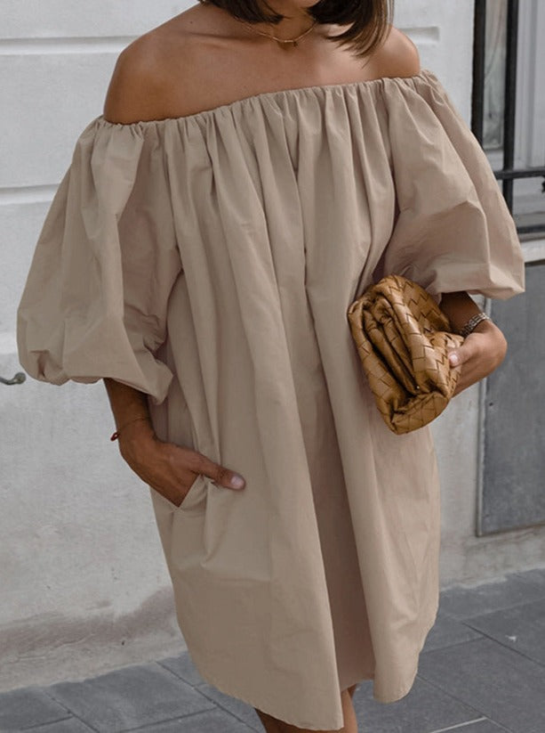 Elegant Khaki Wrinkled Short-Sleeved Dress