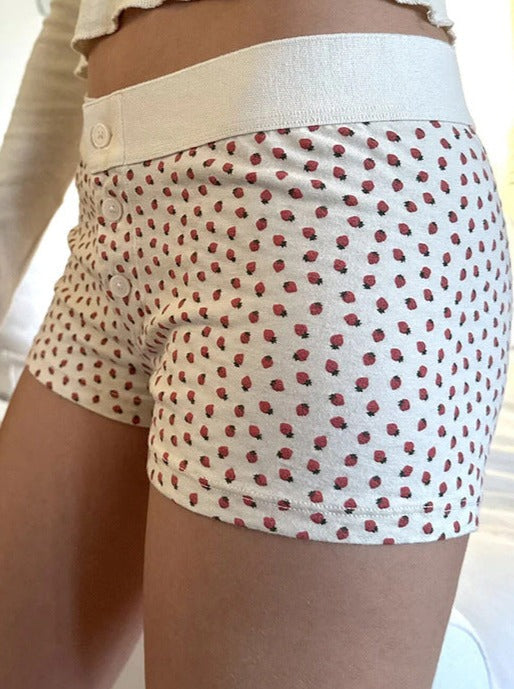 White Strawberry Printed Button Shorts