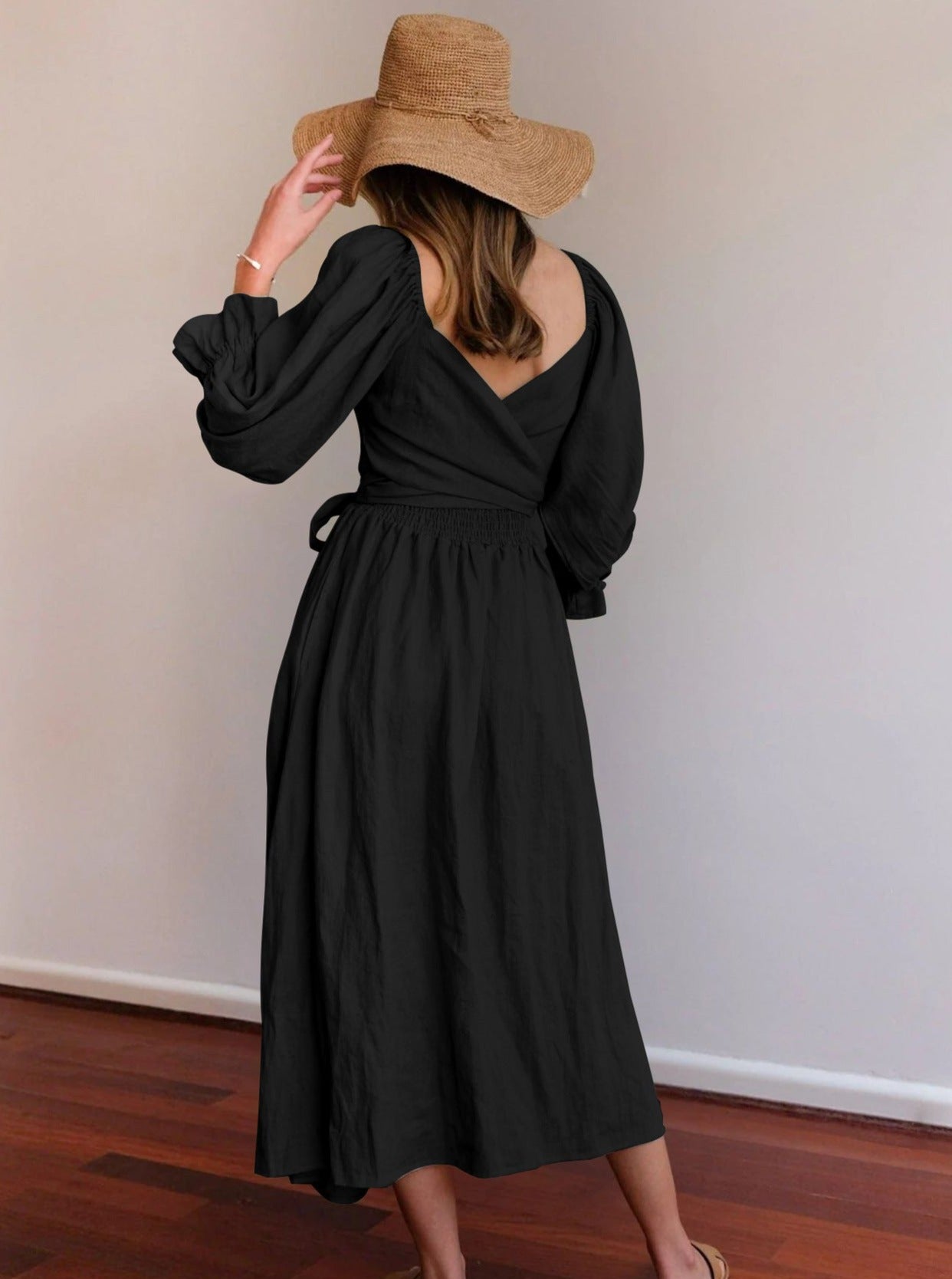 Solid Color Ruffled Lantern Sleeve Pleated Dress