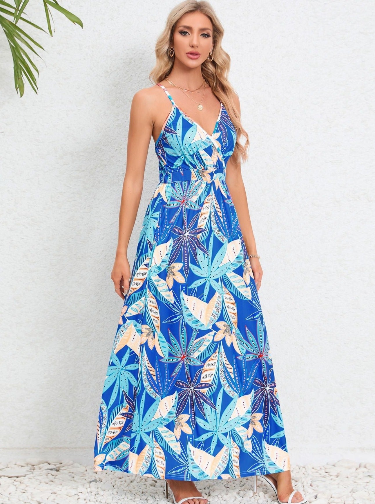 Blue Tropical Printed Long Dress