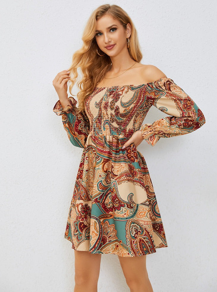 Off Shoulder Long Sleeve Bohemian Mini Dress