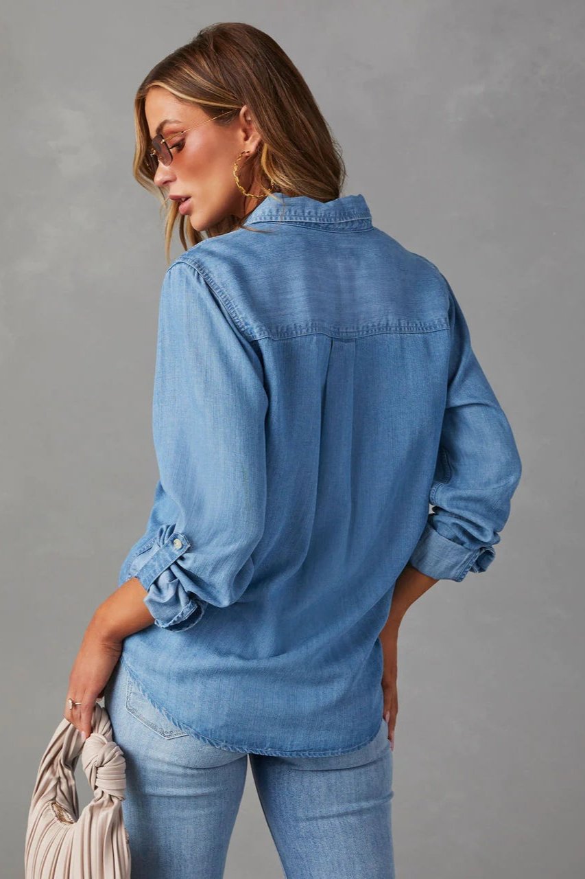 Deep Blue Long Sleeve Collared Denim Blouse