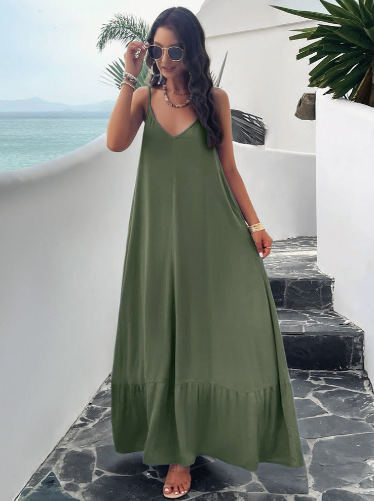 Green Casual Solid Color Suspender Maxi Dress