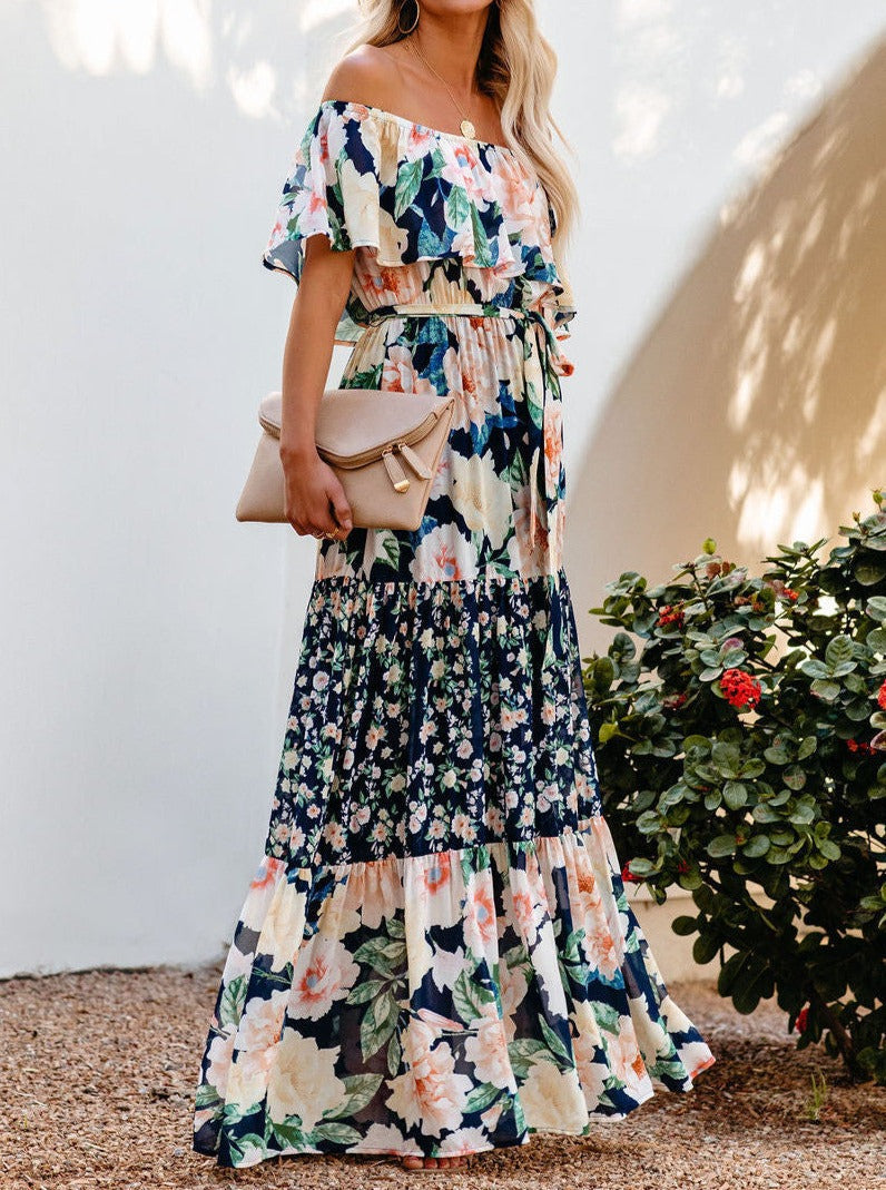 Navy Blue Floral Retro Printed Off Shoulder Maxi Dress