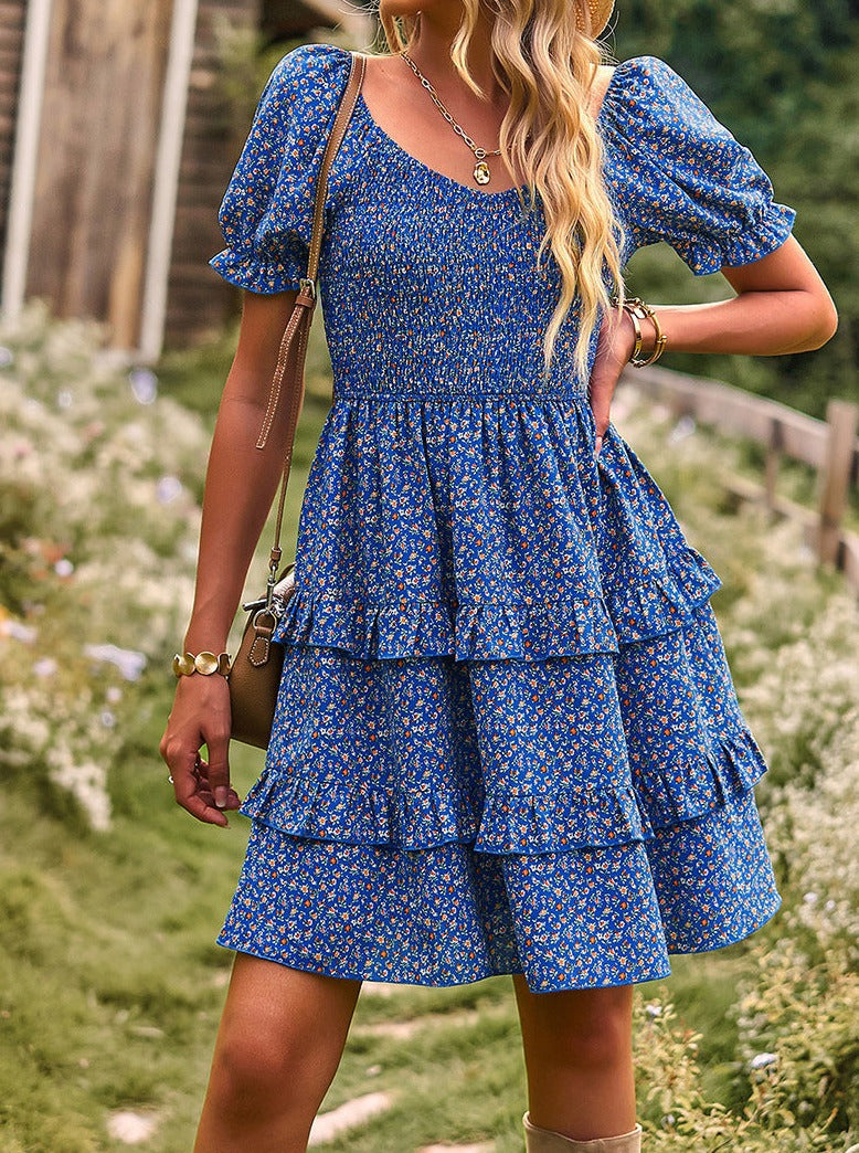 Light Blue V-Neck Off Shoulder Floral Printed Cake Skirt Dress