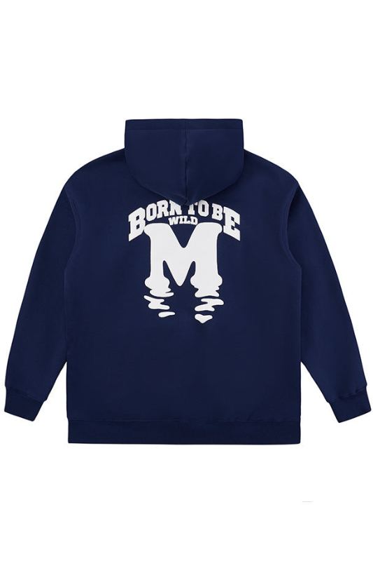 Blue Letter Printed Loose Hooded Sweatshirt